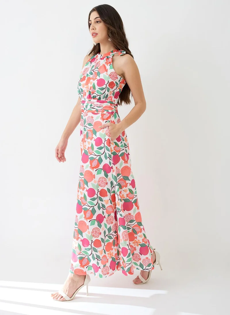globus Pink Globus Women Pink Floral & Fruit Print Halter Neck Pleated Detail Flared Fusion Jumpsuit for Women | Best Price UAE